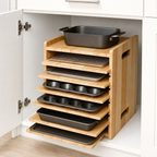 7-Tier Wooden Tray Divider Organizer for Kitchen Cabinets, Baking Sheets, Cookie Trays, Heavy Pans, Cutting Boards & Bakeware