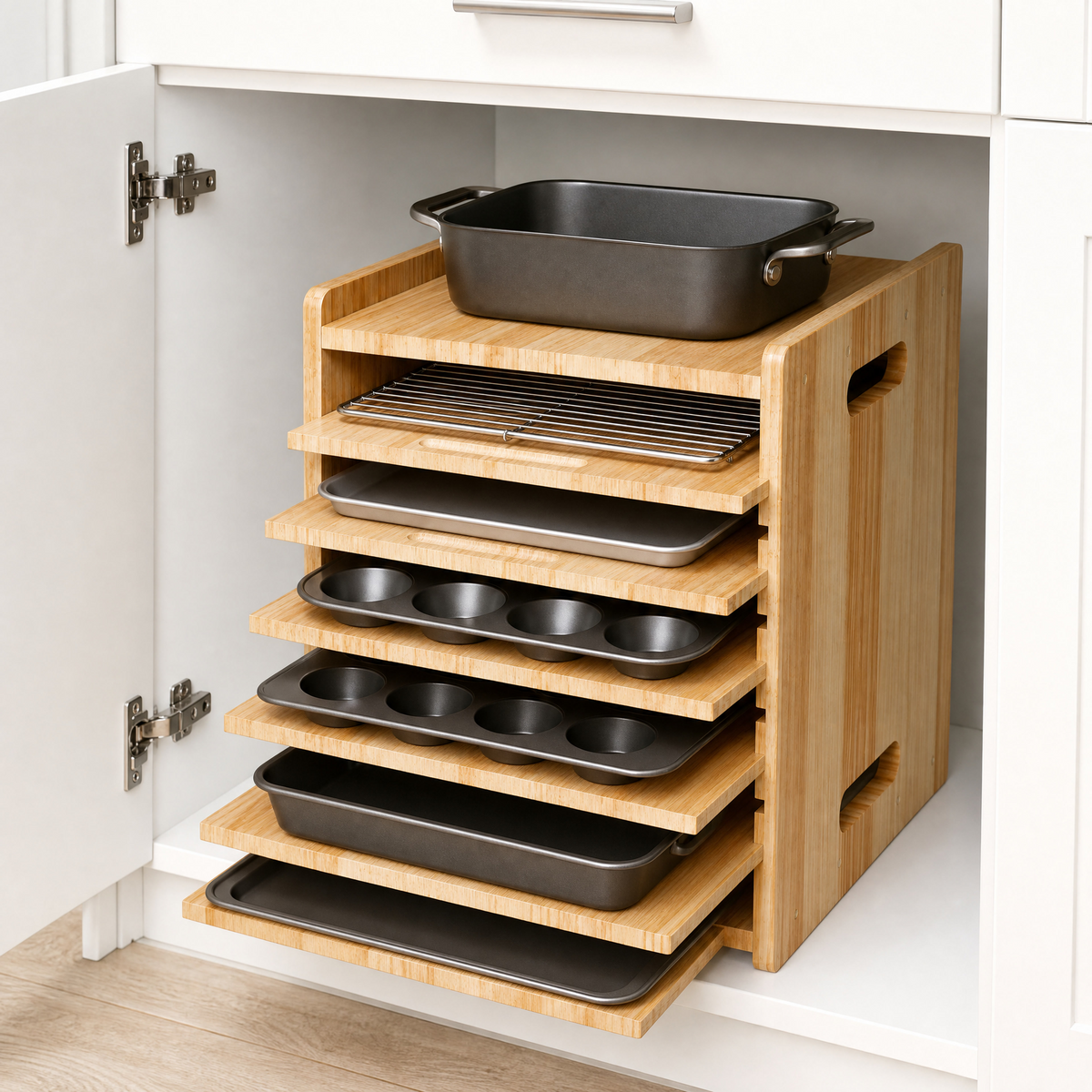 7-Tier Wooden Tray Divider Organizer for Kitchen Cabinets, Baking Sheets, Cookie Trays, Heavy Pans, Cutting Boards & Bakeware
