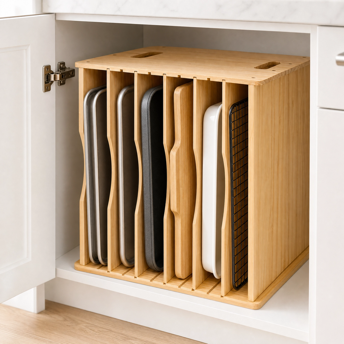 6-Tier Wooden Baking Sheet & Cutting Board Organizer, Kitchen Cabinet Tray Divider Rack, Countertop Storage, 15.7" x 16.5" x 12.6"