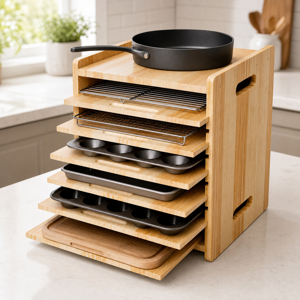 7-Tier Wooden Tray Divider Organizer for Kitchen Cabinets, Baking Sheets, Cookie Trays, Heavy Pans, Cutting Boards & Bakeware