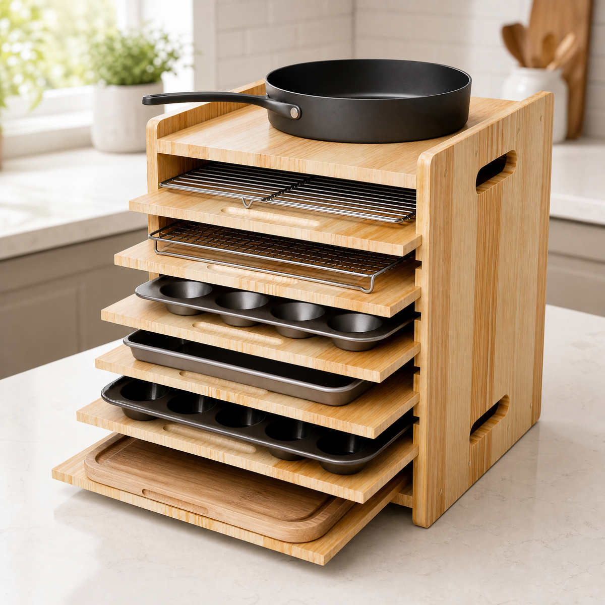 7-Tier Wooden Tray Divider Organizer for Kitchen Cabinets, Baking Sheets, Cookie Trays, Heavy Pans, Cutting Boards & Bakeware