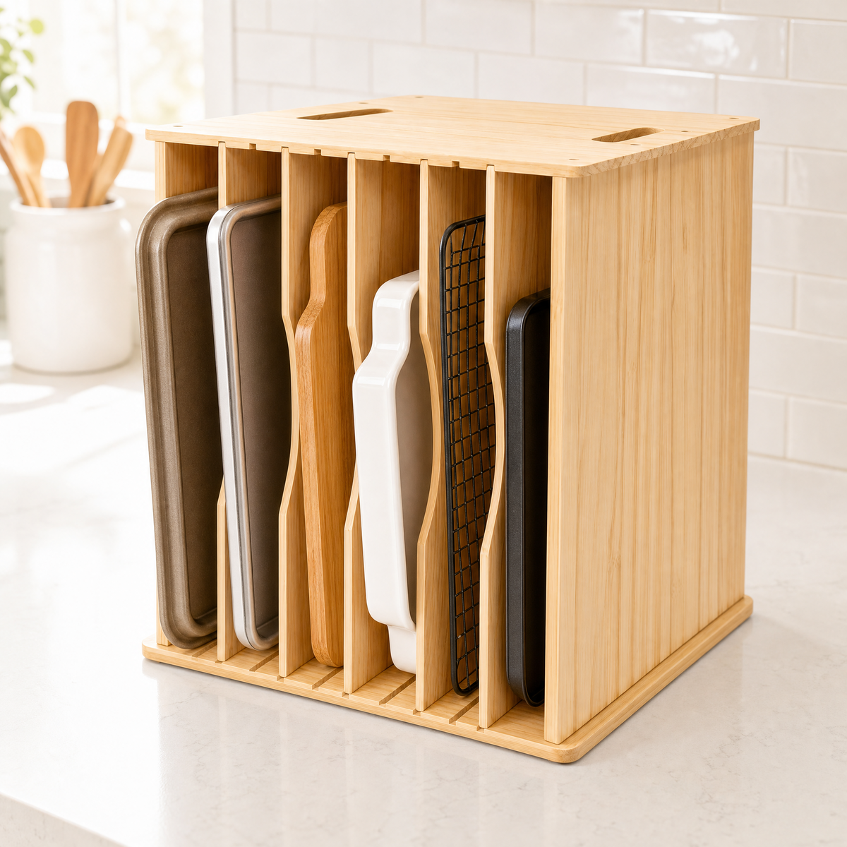 6-Tier Wooden Baking Sheet & Cutting Board Organizer, Kitchen Cabinet Tray Divider Rack, Countertop Storage, 15.7" x 16.5" x 12.6"