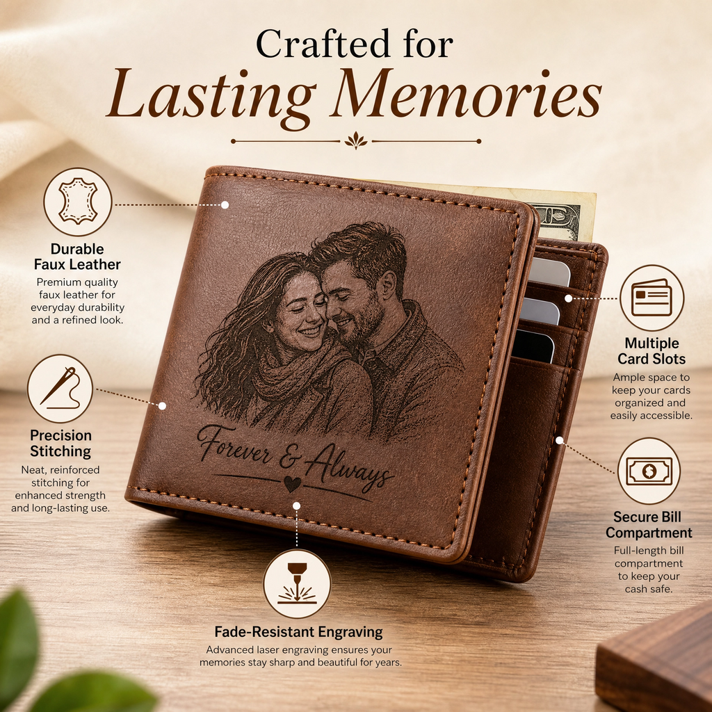Custom Photo Wallet | Personalized Laser Engraved Faux Leather Him Her Gift