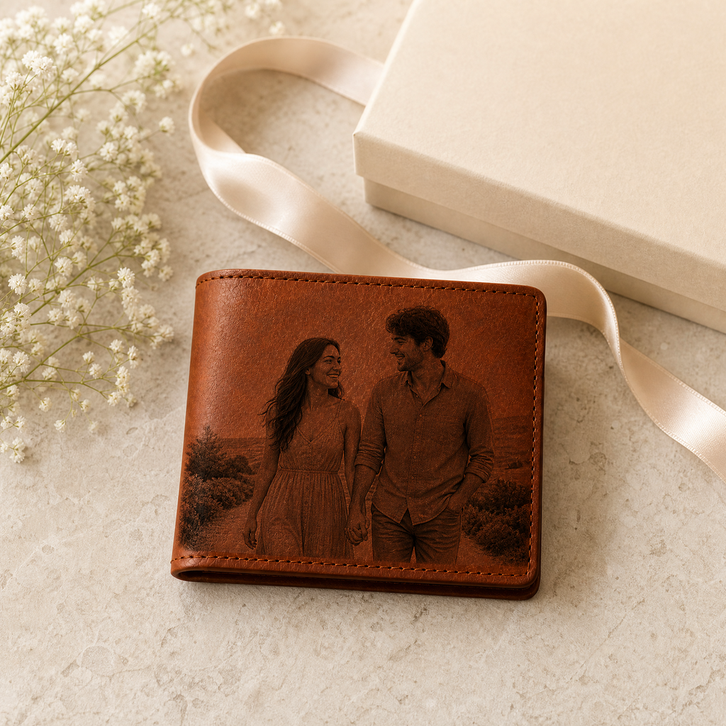 Personalized Laser Custom Photo Wallet | Engraved Faux Leather Him Her Gift