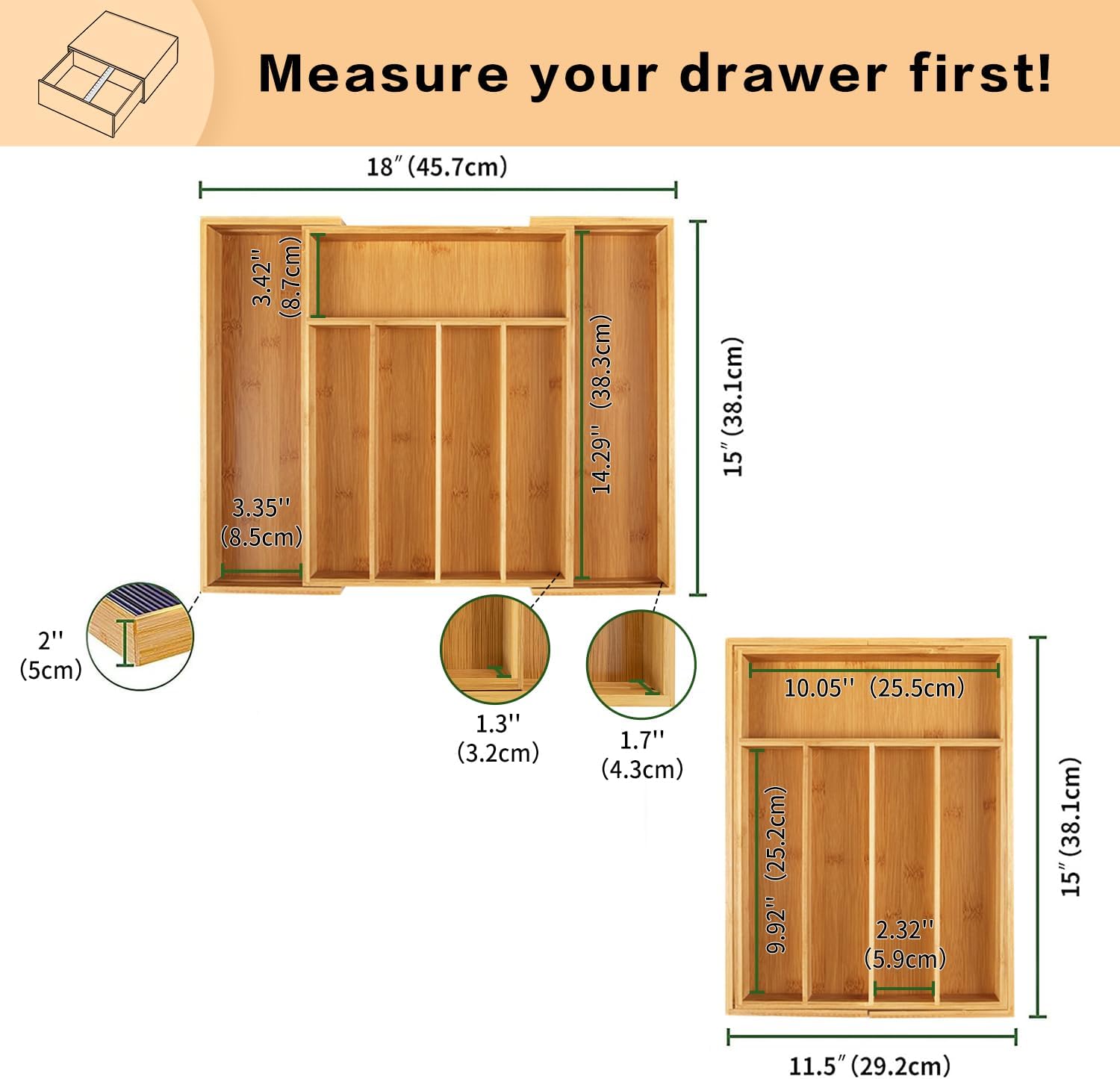 Bamboo Expandable Cutlery Organizer Tray